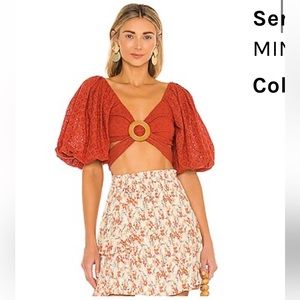 NWOT Minkpink Serella wrap top, puff sleeves, orange, size XS